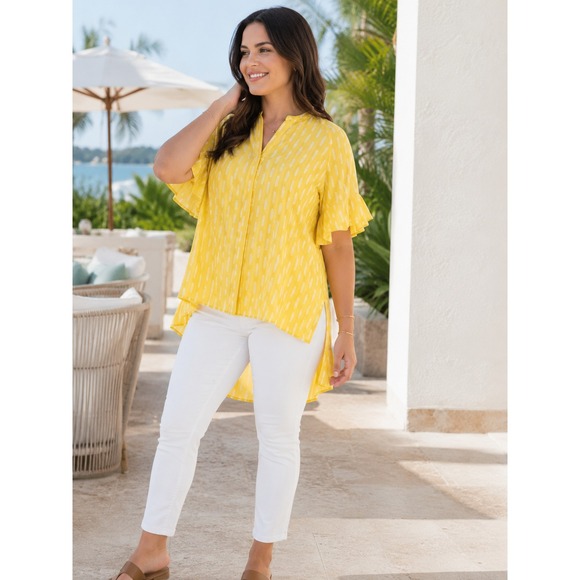 Matilda Jane Tops - ✨2/$20 Matilda Jane Golden Hour Geometric Hi-Low Top Yellow Ruffle Blouse Small